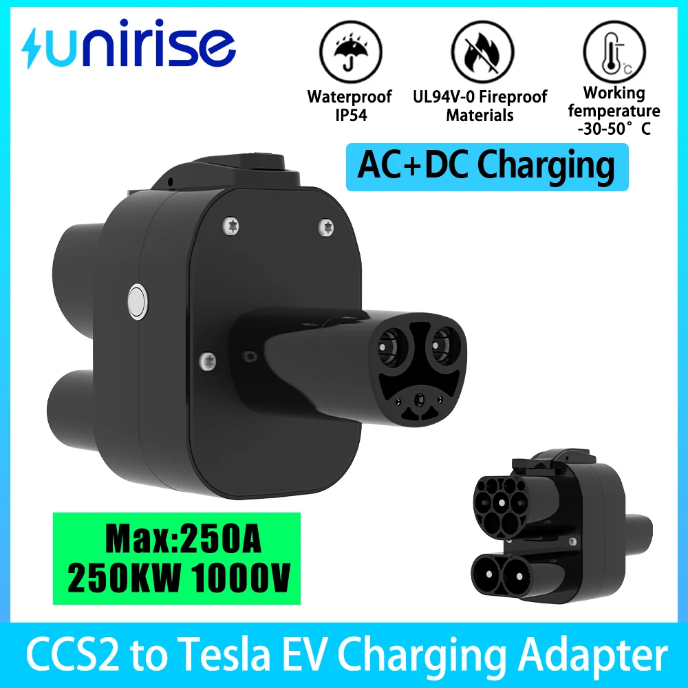 UNIRISE CCS2 to Tesla Adapter AC+DC Type2 Charger Convertor 250A 250KW 7kw 32A EV Charging Pile CCS COMBO 2 for Model 3/X/Y/S
