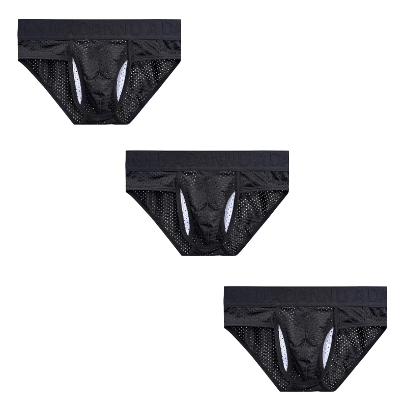 3pcs Man Sexy Mesh Hollow Breathable color mixing Underwear Middle Waist High Elasticity Solid Fashion Briefs Male