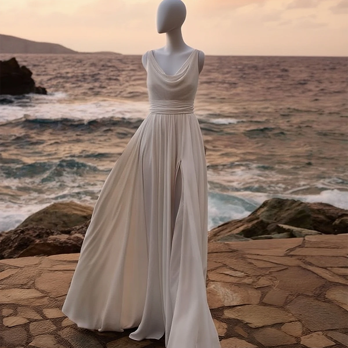 Sukienki plażowe dla panny młodej z dekoltem w serek, satynowa suknia balowa dla kobiet, długa suknia ślubna w kształcie litery A z rozcięciem.