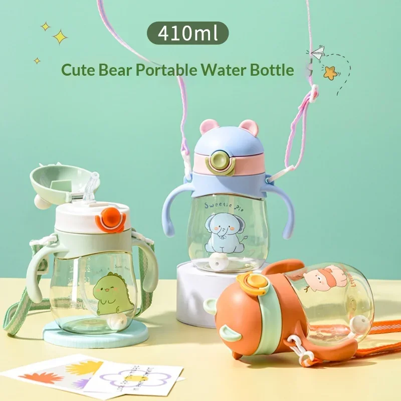 410ml straw cup with handle and rope on the back, BPA-free food-grade material for babies and children to drink water and milk