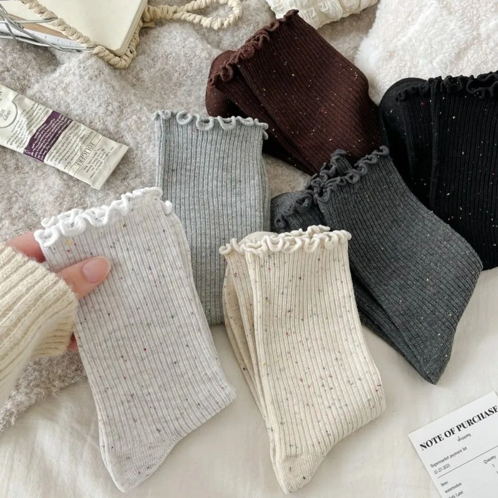 

Мягкие однотонные женские носки, дышащие носки в корейском стиле с рюшами, зимние теплые носки средней длины, осень