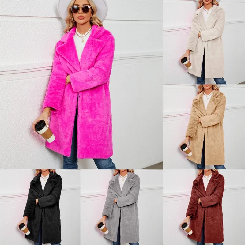 Cappotto in tinta unita a maniche lunghe monopetto con risvolto in pelliccia sintetica alla moda per cappotto casual e caldo da donna autunno e inverno 2025