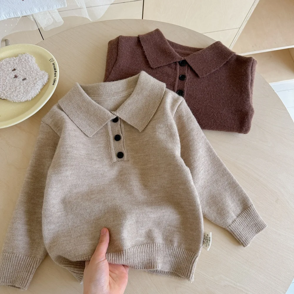 Vintage Autumn 1-6Yrs Kids Boys Sweater UNITIM Solid Turn Down Collar Baby Boys Polo Knitwear Soft Children Boys Knit Pullovers