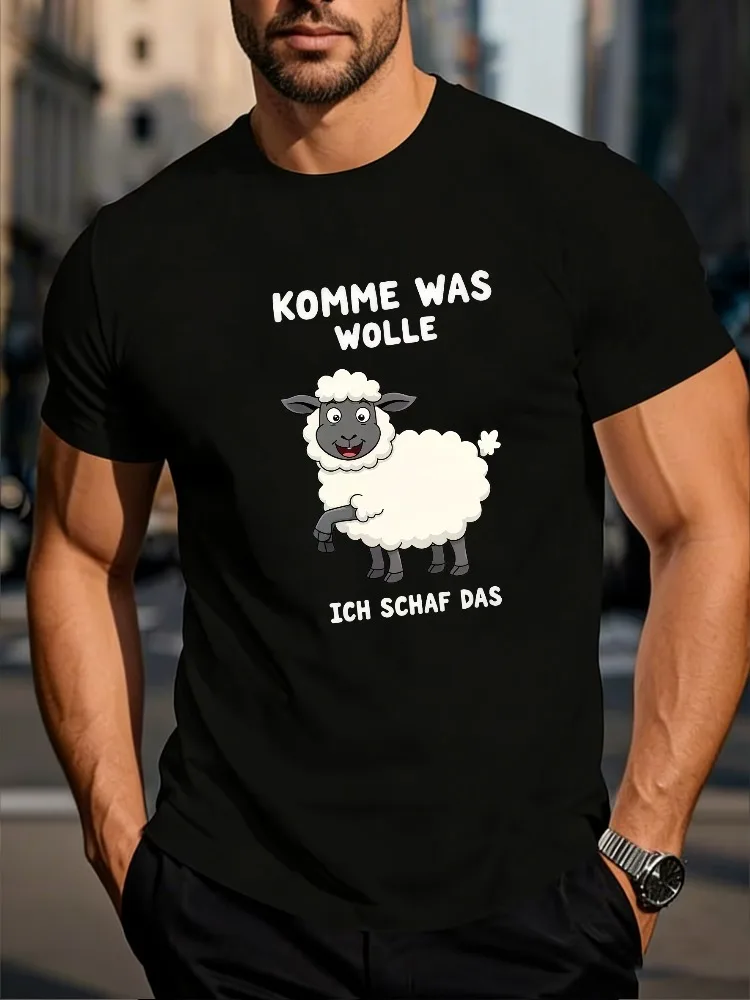 Men Summer Crew Neck Tee Cartoon Sheep German Letter Print Short Sleeve T Shirt Loose Casual Streetwear White Male Daily Wear