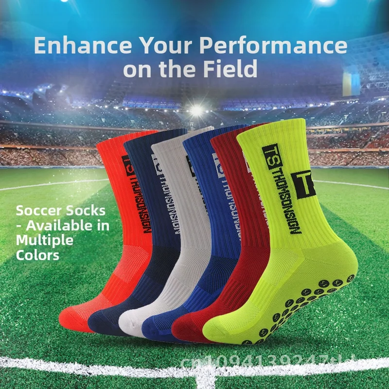 Calcetines de fútbol antideslizantes a media pantorrilla para adultos, calcetines deportivos de competición de entrenamiento con parte inferior de toalla gruesa para hombre con logotipo, azul, negro y rojo