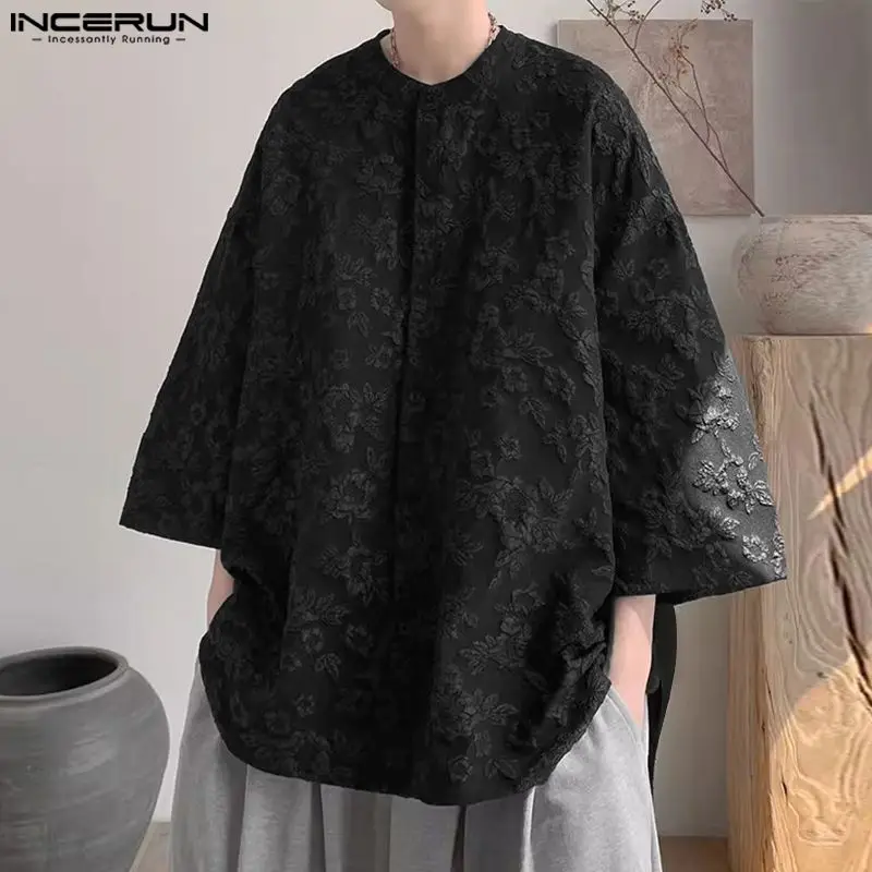 2024 Men Shirt Jacquard O-neck 3/4 Sleeve Loose Summer Casual Men Clothing Streetwear Korean Style Fashion Shirts S-5XL INCERUN