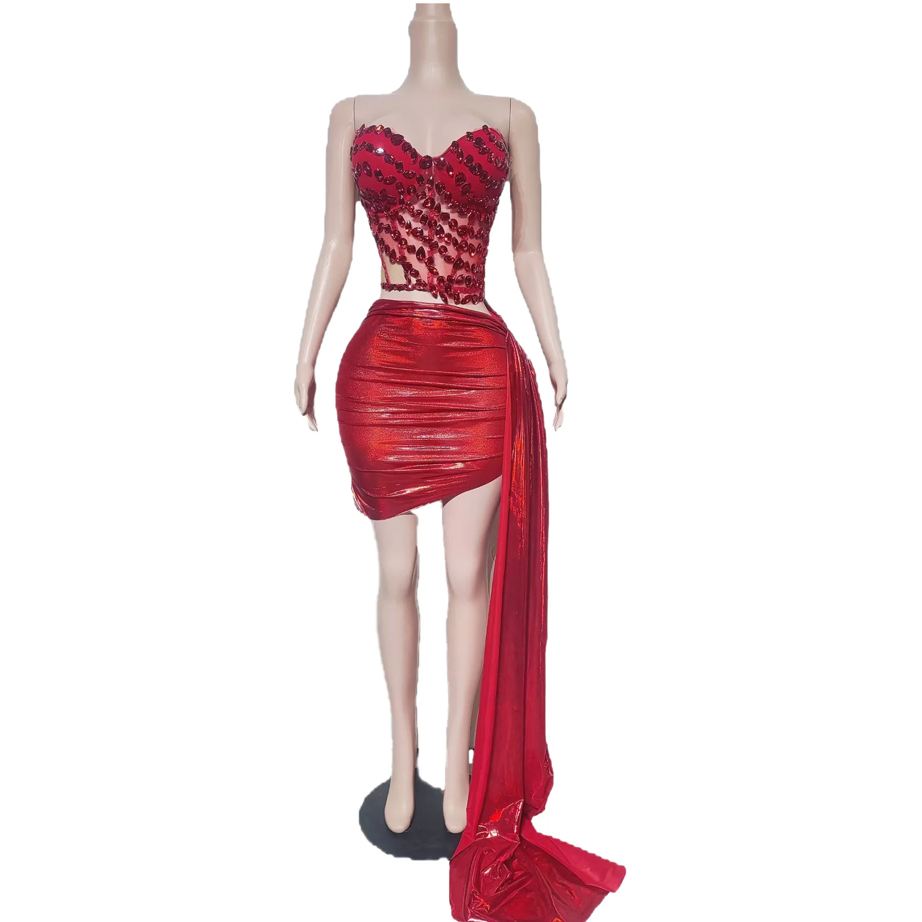 

FeiCui Luxury Women Dress Set Red Rhinestone Strapless Top Hip Hugging Skirt Bar Stage Performance Outfit Birthday Prom Gowns