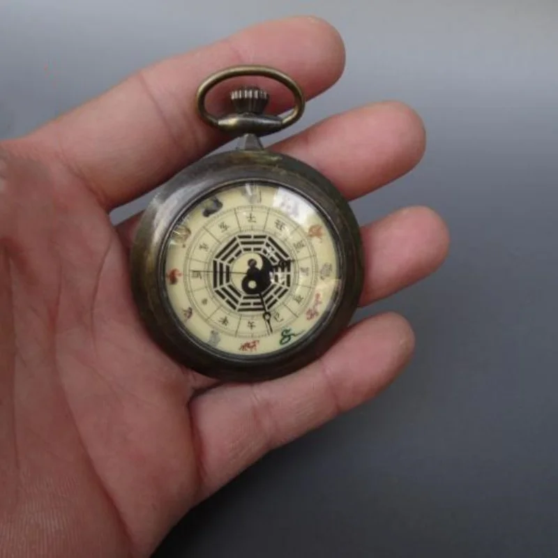 

Китайские старинные медные старые карманные часы с двенадцатью узорами зодиака, механические часы, коллекционные украшения