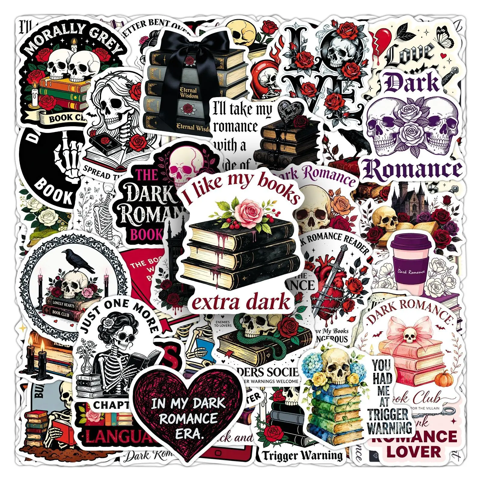 50Pcs Black Romantic Reading Stickers Skull Flowers Creative Books Graffiti Suitcase Journal Headphones Stickers