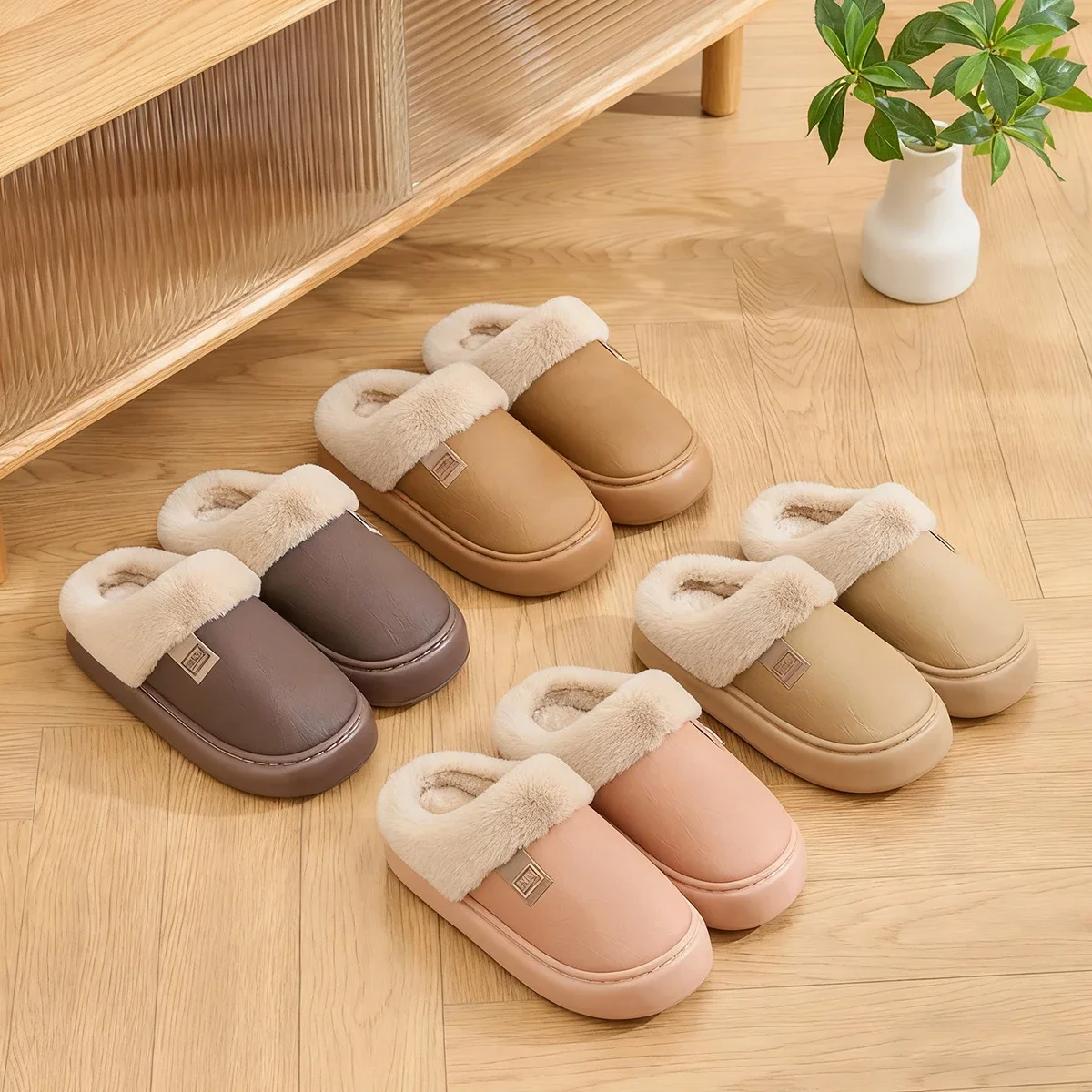 Men Winter Slippers Waterproof Women Furry Slides Concise Bedroom Warm Floor Shoes Indoor Outdoor Non-slip Couples Fluffy Flats