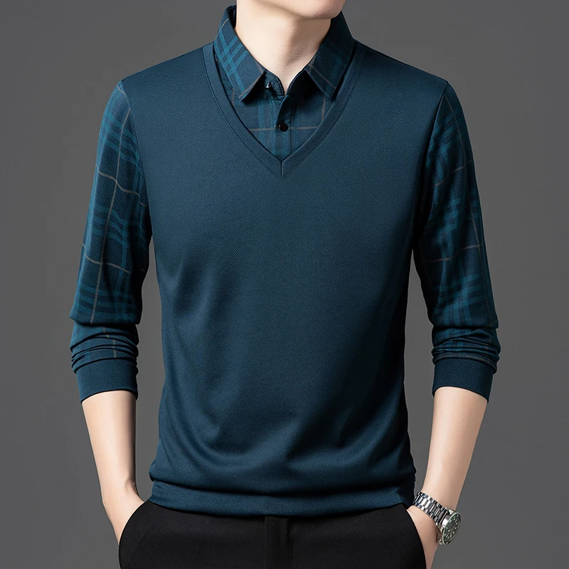 

Korean style two-piece polo shirt long sleeve men's autumn high-quality lapel striped senior designer comfortable casual T-shirt