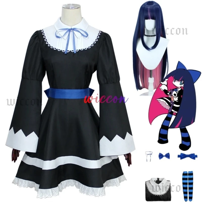 Anime calcinha & meia com cinto de liga meia anarquia cosplay traje peruca vestido preto meias mulher sexy kawaii carnaval terno