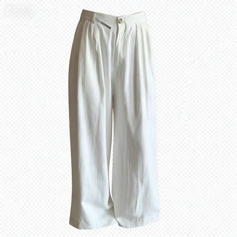 Women White Linen Wide Leg Pants High Waist Draped Loose Casual Trousers Summer Clearance