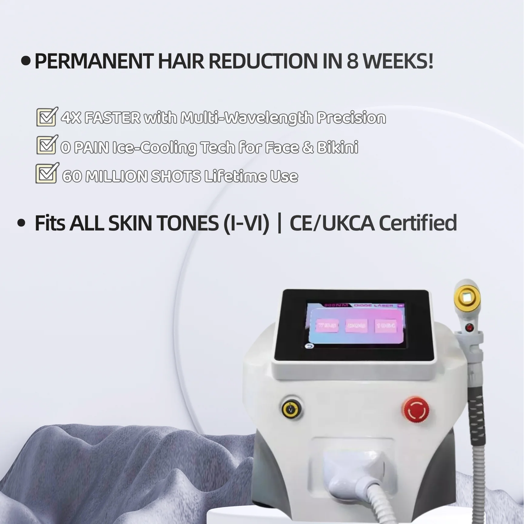 

Лазерный диодный аппарат для эпиляции 2026 с охлаждением, 4 регулируемые длины волн, эффективное удаление грубых волос, безопасно для темной кожи