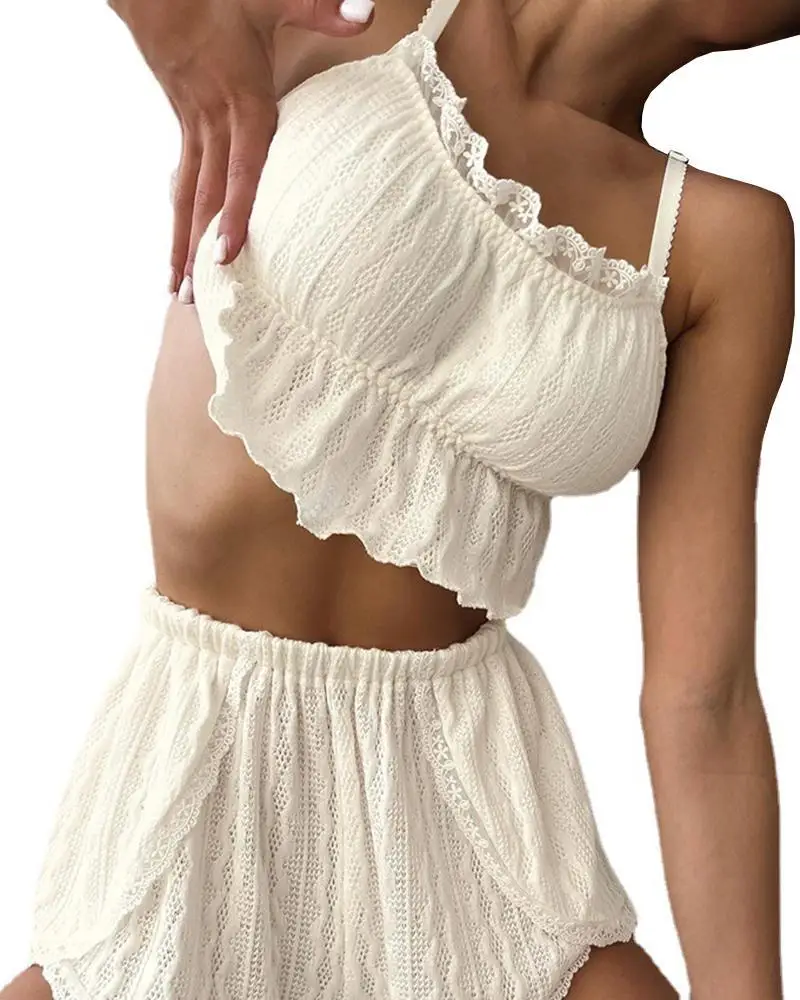 Sexy Short Sets Spring Lace Hollow Out Design Sleeveless Strap Sleepwear Crop Top and Shorts Two Pieces Set Home Suit