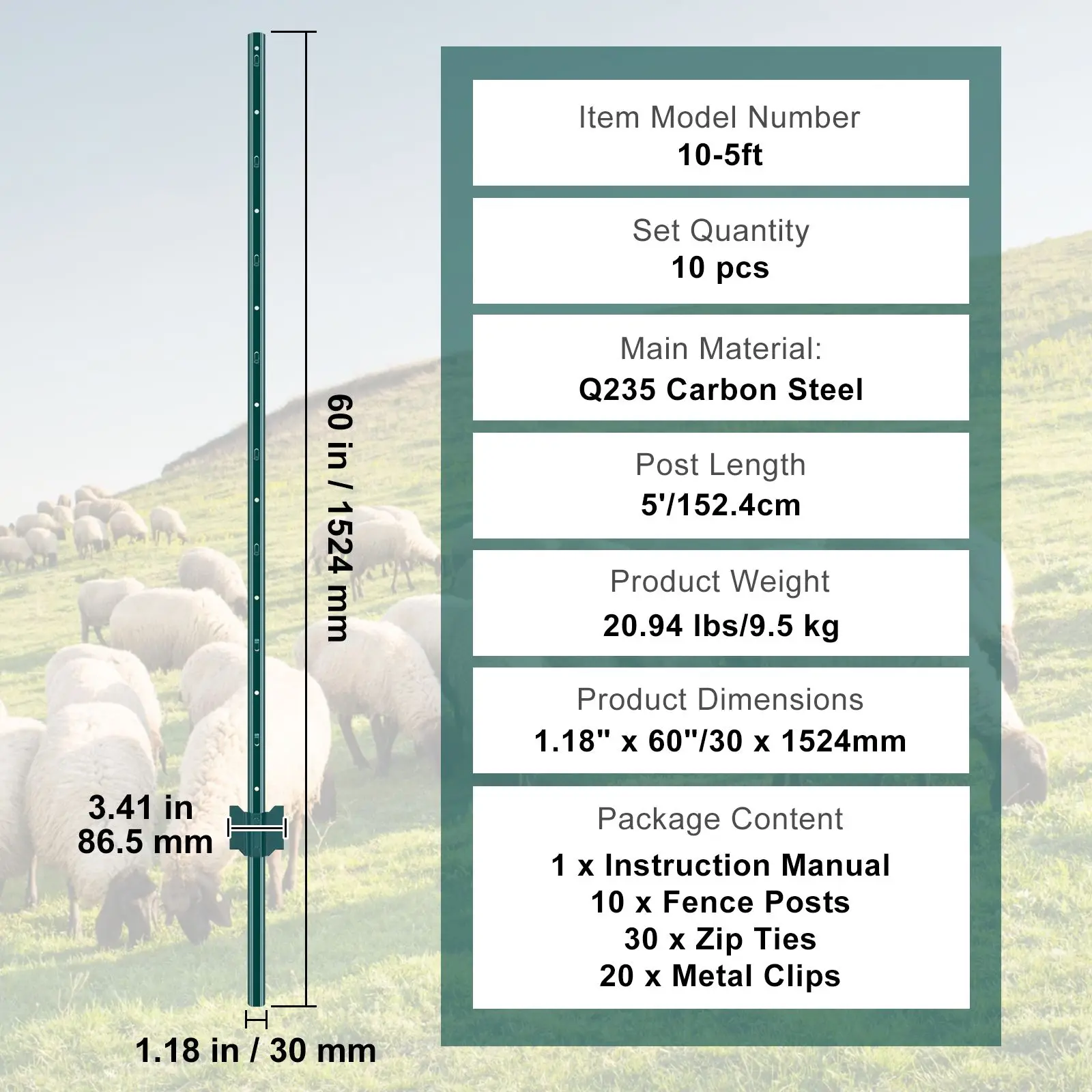 5 Feet Fence Post, 10 Pack U-Channel Heavy Duty Metal Fence Posts, Sturdy Steel Fence Stakes for Garden Yard, Lawn, Farms and Outdoor Wire Fencing, Green