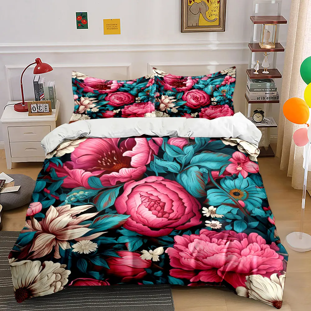 Vibrant floral illustration Print Bedding set 3PC 1 duvet cover 2 pillowcases adult and children bedding set Luxury