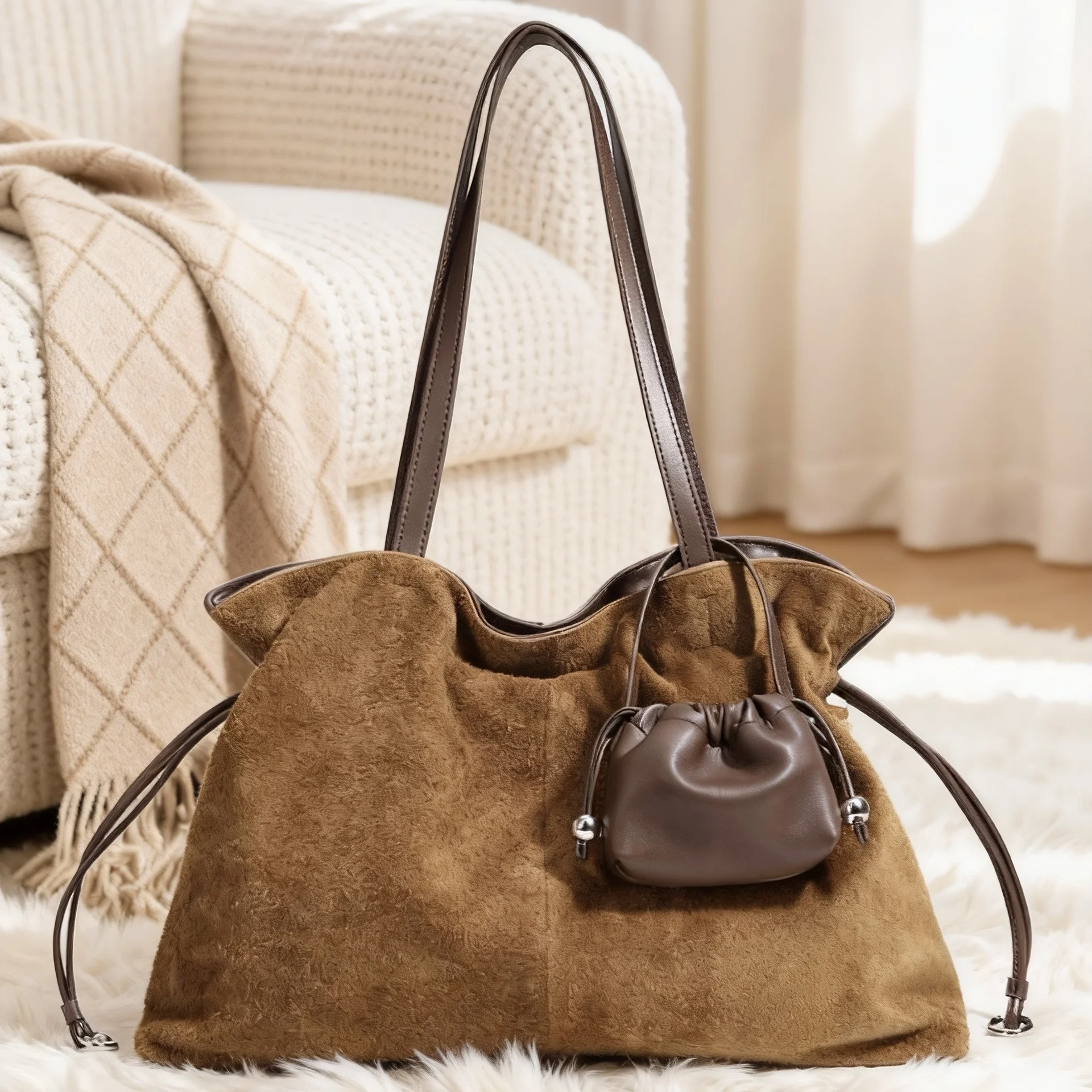 

2026 Retro Luxury Genuine Leather Women's Shoulder Bag Suede Handbag Large Capacity Commuter Mother-Child Underarm Tote Bags