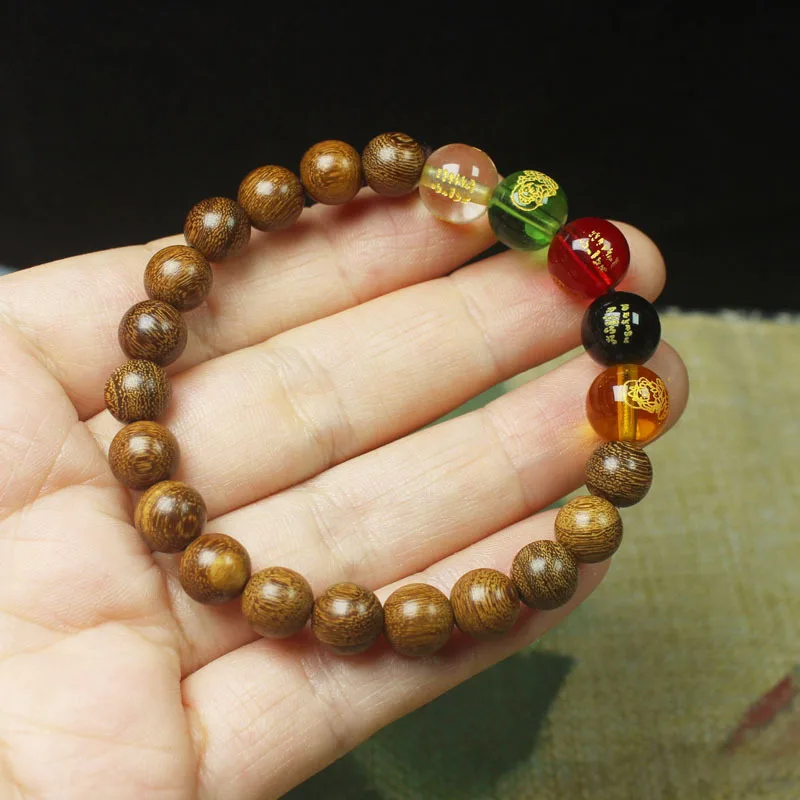Five-Way God of Wealth Bracelet, Gold-Threaded Sandalwood and Green Sandalwood Buddhist Bead Bracelet, Unisex Gift for Couples,