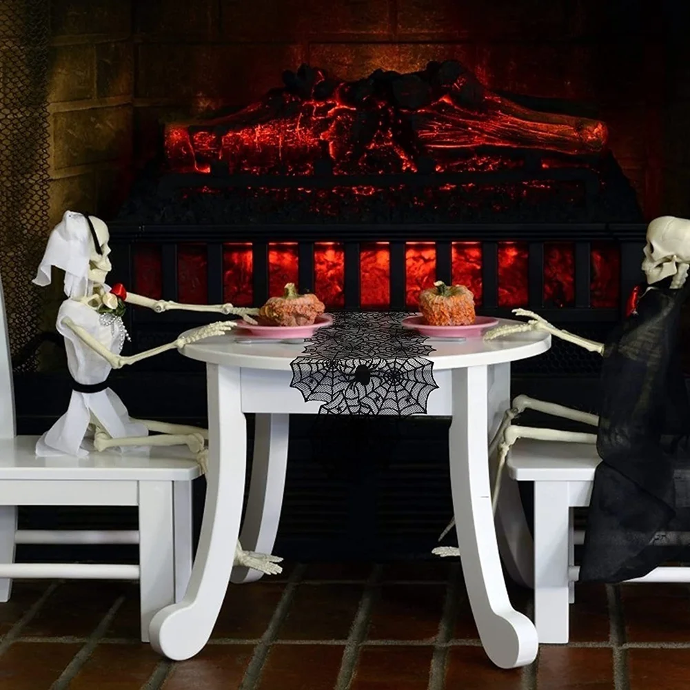 J1UL1N 18 By 96 Inch Halloween Lace Spiderweb Fireplace Mantle And 40 Inch Round Tablecloth Lace Spider Web Table Cover, 2 Pcs