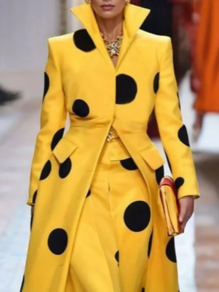 Beautyblue Polka-Dot Woolen Coat Women's Long Jacket 2025 New Split-Joint Long Sleeves Lapel Elegant Yellow Outerwears Female