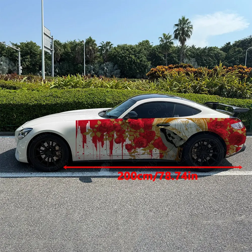 2pcs Blood Drip Red Rose Skull Car Side Wraps, Self-Adhesive PVC Waterproof & Scratch-Resistant Stickers, Car Accessory Gift