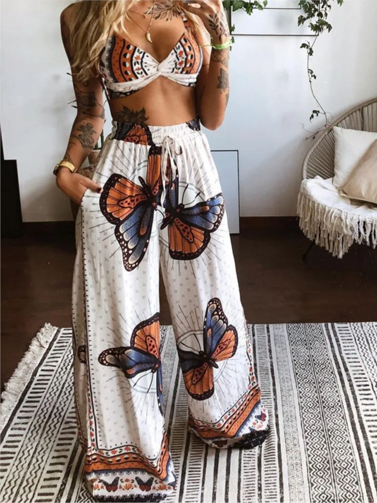 

Boho Beach Fashion Two-piece Sets Women Sexy Suspender Bra + Loose Wide Leg Pants Print Suit Summer Casual Holiday Outfit Female