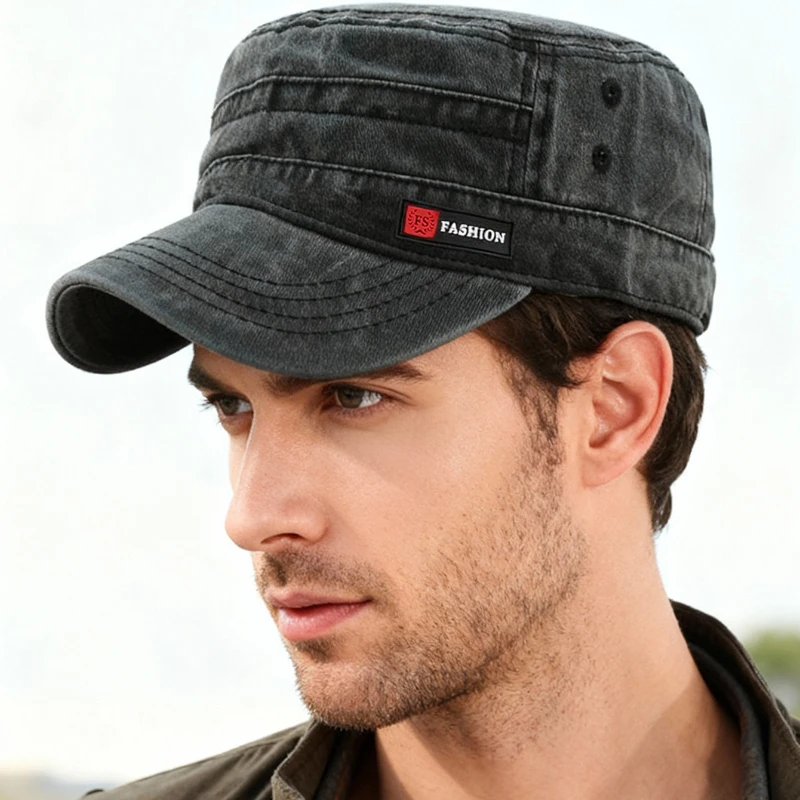 1 Stück Frühling und Herbst Flat Top Militärkappen für Männer und Frauen Soft Top Baseballkappen mit FS-Label, Outdoor-Angel-Sonnenschutz