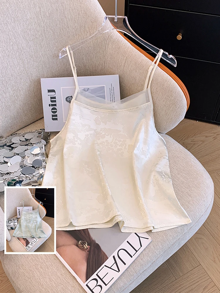 

Новый китайский женский атласный топ-майка с цветочной вышивкой, регулируемый, с вставками, модный