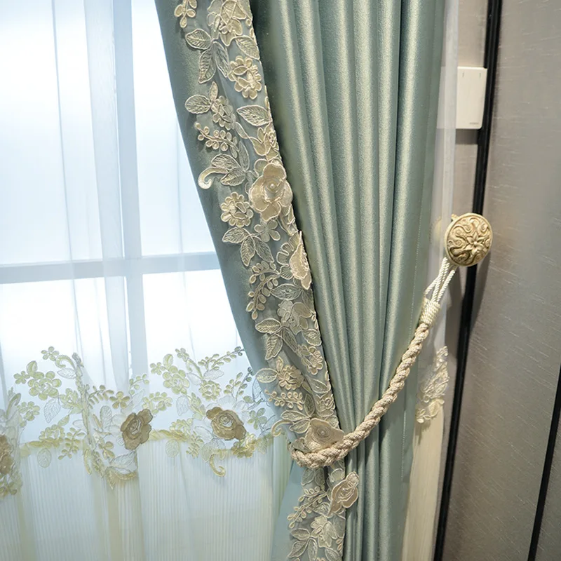 French Light Luxury and Exquisite Curtains Relief Embroidered Curtains Solid Color Fabric and Embroidered Lace Shadings Curtains