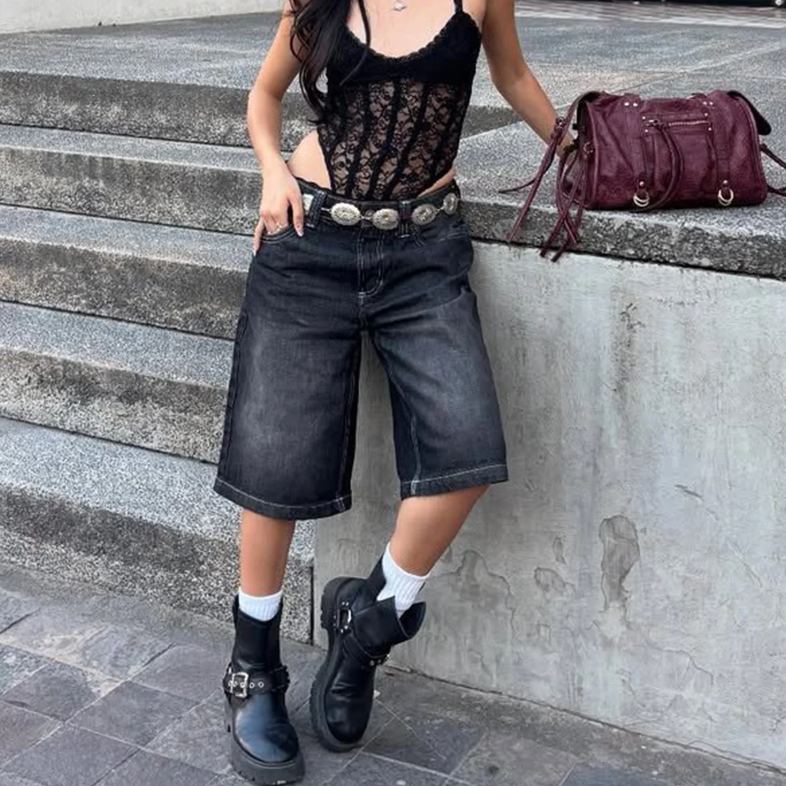 Women y2K Vintage Denim Shorts Casual Vintage Washed Knee Length Jean Short Pants for Vacation Beach Club Streetwear