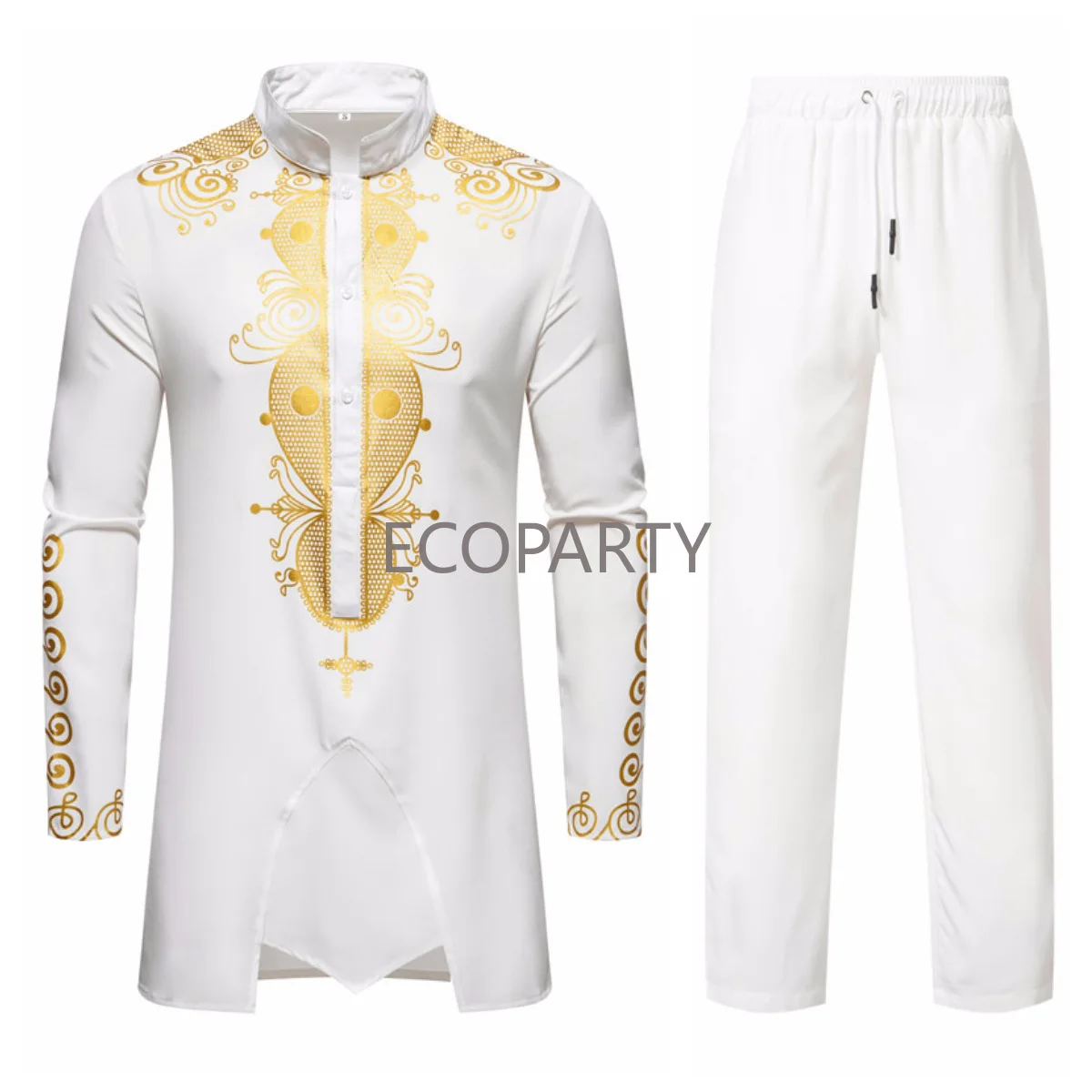 

Mens African 2 Piece Set Traditional Suit Dashiki Long Sleeve Gold Print Button Down Shirt and Pants Outfit Piece Men Robe Set