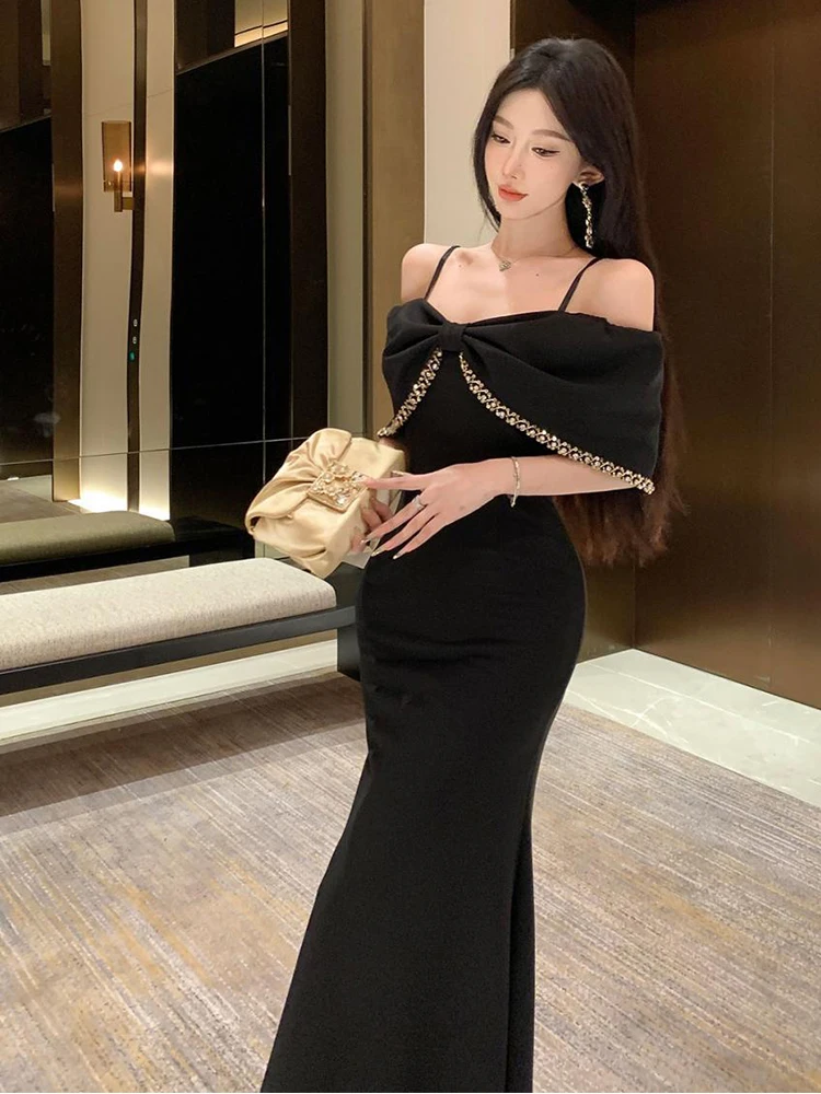 우아한 럭셔리 블랙 슬링 패션 맥시 드레스 여성용 리본 바디콘 머메이드 이브닝 파티 프롬 가운 로브 베스티도 여성 정장 신상