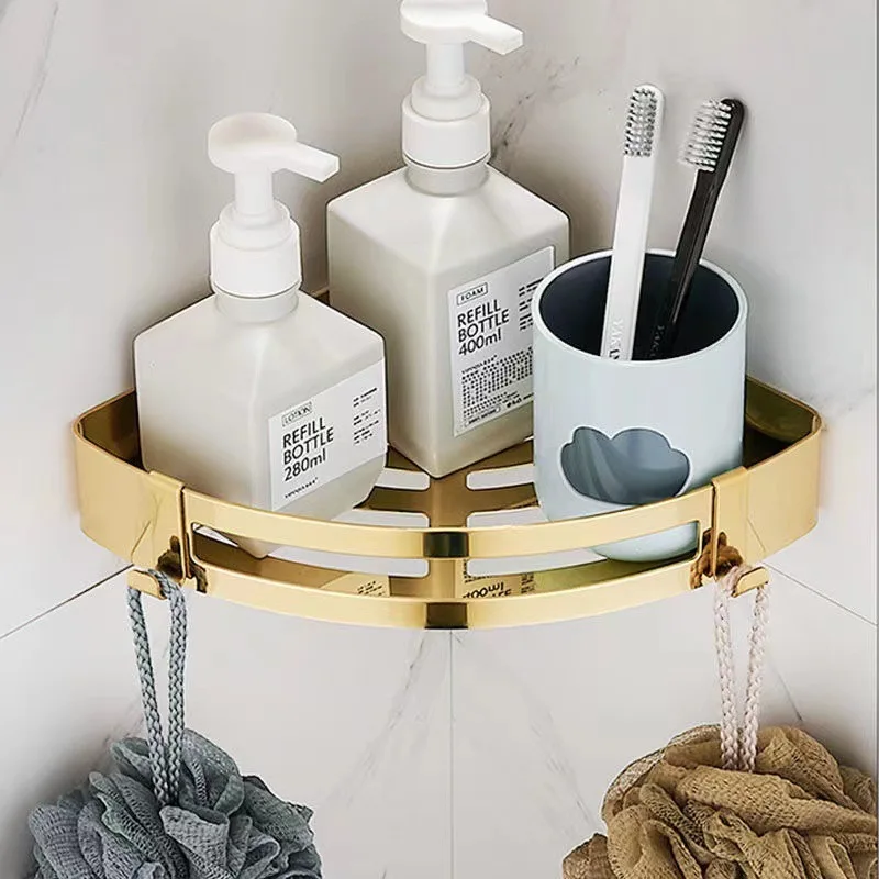 Brushed Bright Gold Bathroom Corner Shelf Shower Organiser Triangle Shampoo Holder Adhesive or Drilling