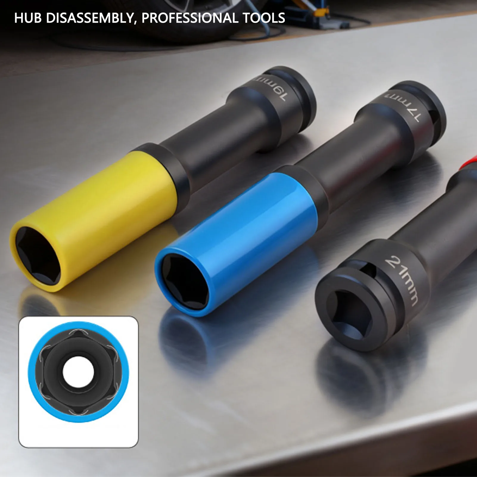 

Набор ударных торцевых головок с тонкими стенками 1/2 дюйма, удлиненные, 17, 19, 21 мм, цветные