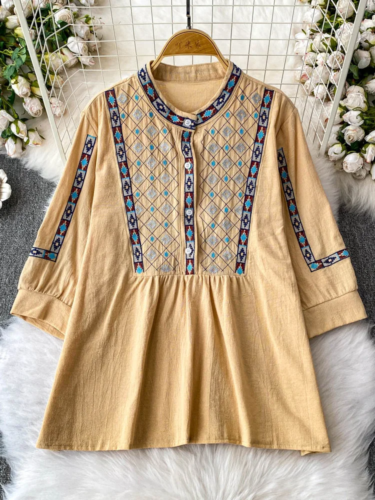 Women's Summer Blouse Ethnic Style Retro Embroidery Single Breasted Round Neck Seven Quarter Sleeve T-shirt New Loose Top BL180