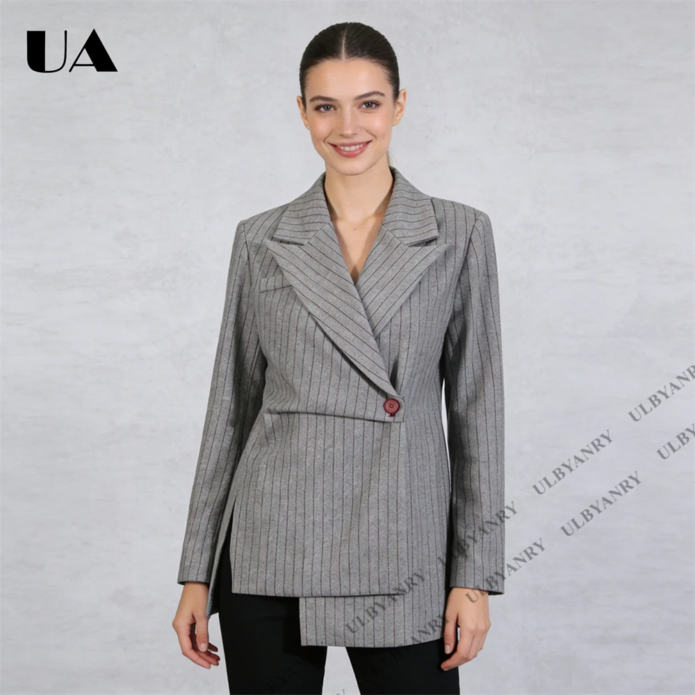 

ULBYANRY - Women’s Grey Pinstripe Asymmetric One-Button Suit Slim Fit Work Office Suit Blazer Actual Pictures