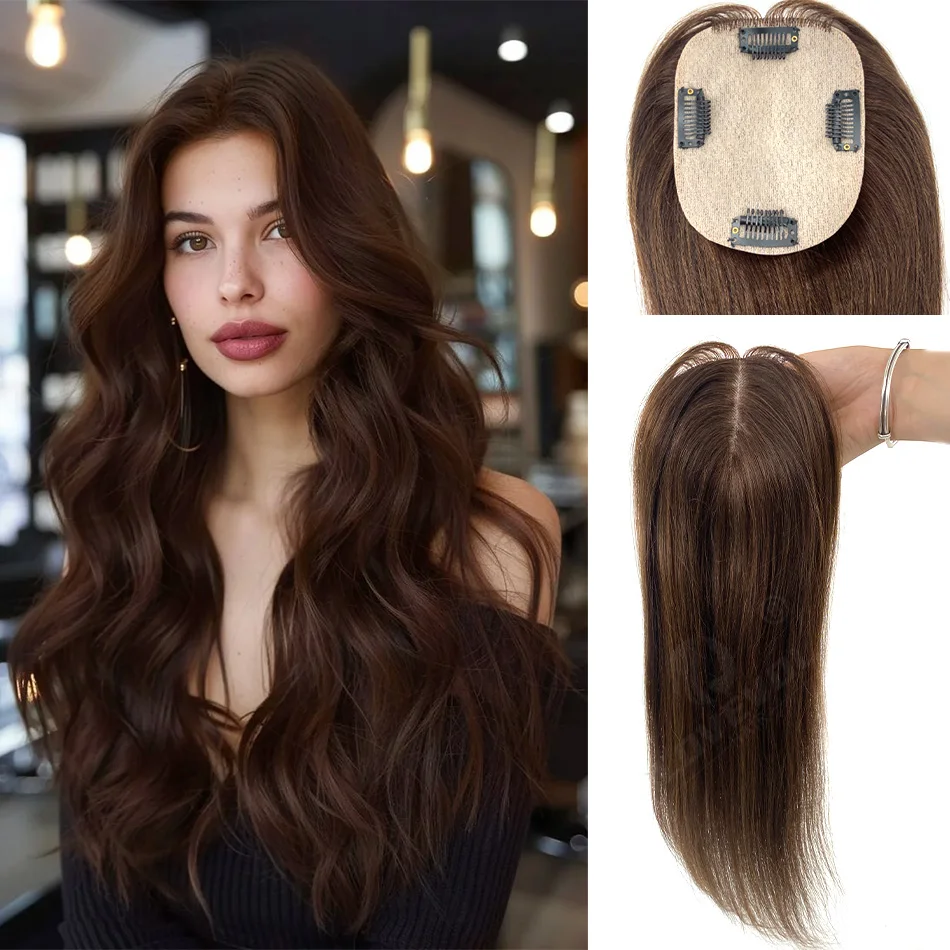 Lovevol 43cm Auburn Brown Color Human Hair Toppers 10x12cm Half Wig Top Hair Pieces for Women with Thin Hair