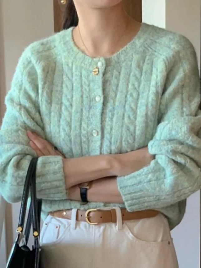 

Autumn Winter 2025 New een Twisted round Ne Knitted Open Cardigan Sli Lazy Unique Sweater Coat Women's Faion Spring