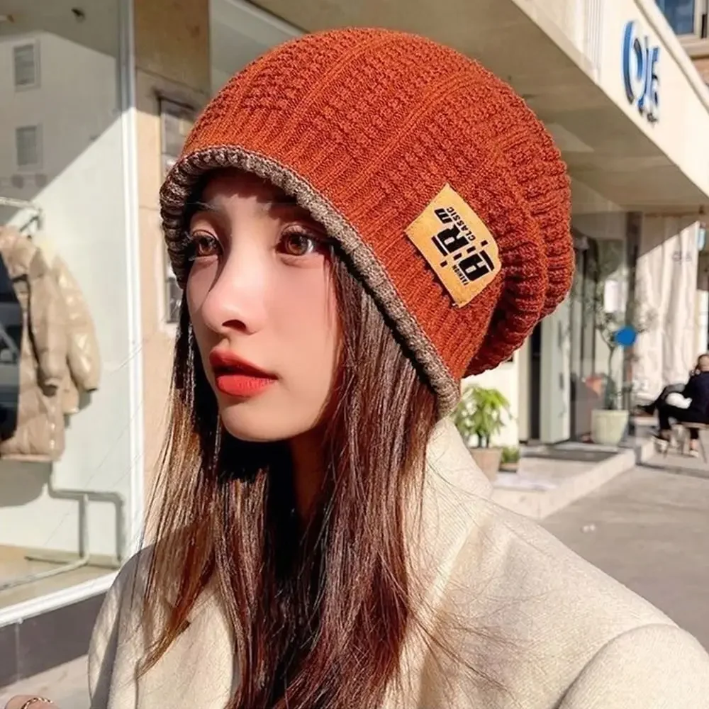 Winter Hat Warm Ear Protection Hat Women Baggy Slouchy Beanie Fashion Color Block Woolen Pullover Cap Girl Pile Warm Knit Hat