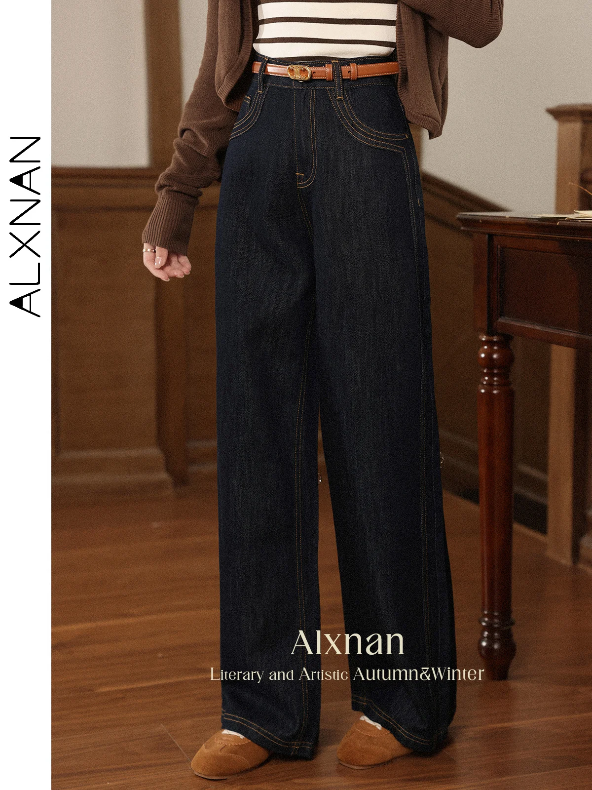 

ALXNAN Vintage Dark Blue Jeans Women's Wide-leg Straight High-waist Baggy Pants Autumn Casual Elegant Loose-fit Trousers L56792