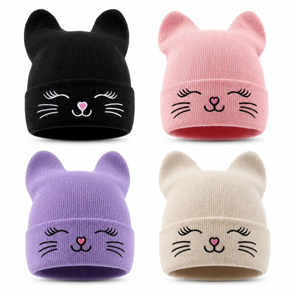 New Yarn Cat Ear Beanie Y2K Harajuku Punk Gothic Striped Beanie Stretchable Knit Knitted Skull Cap Women and Men
