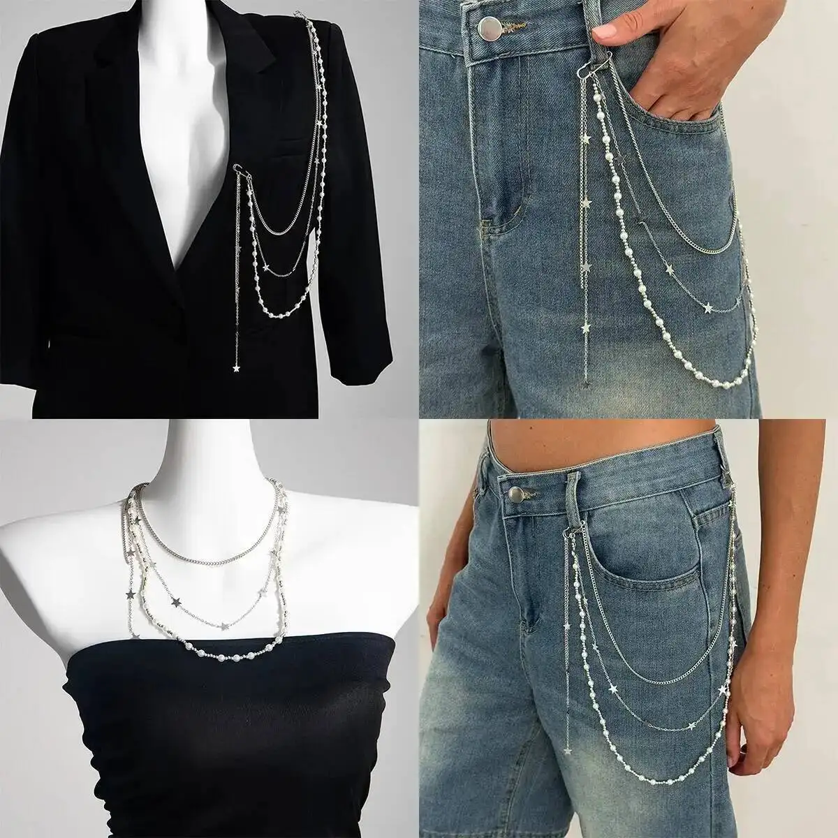 KunJoe Vielseitige DIY-Ketten, Metall-Taillenglied, Hosenkette, Halskette, Gürtel für Frauen, elegante Imitationsperle, Tasche, Rucksack, Schlüsselanhänger