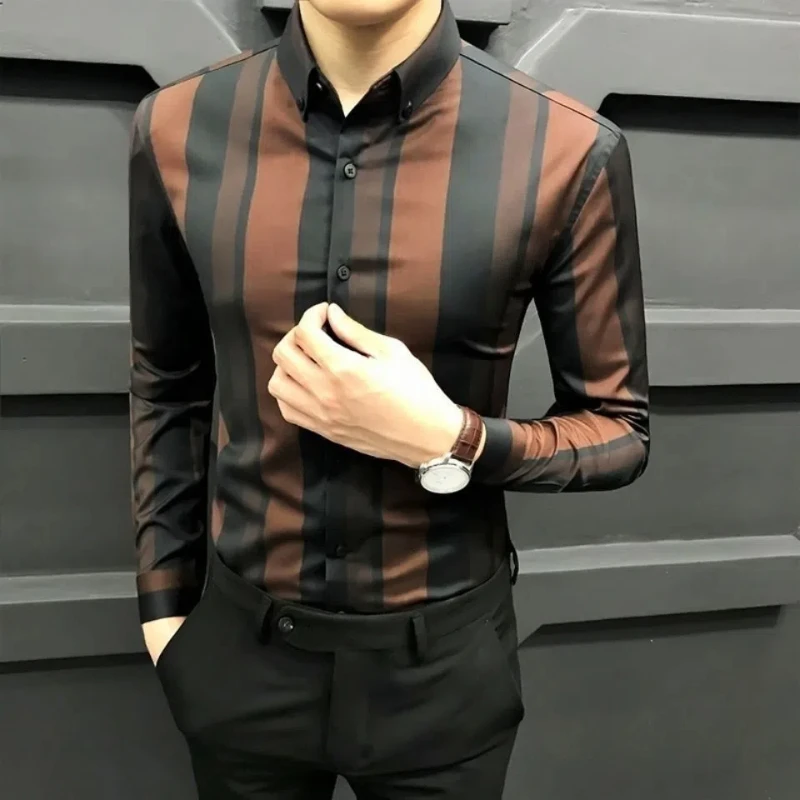 Business Men Shirts Lapel Striped Contrast Color Button Korean Trend Fashion Office Social Loog Sleeve Slim Tops JJ326