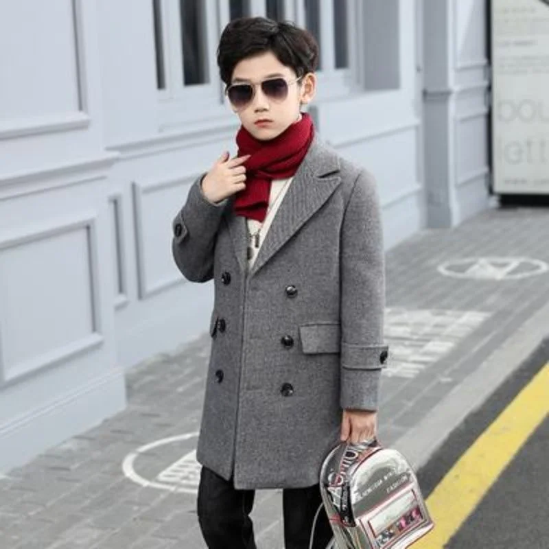 Boys Woolen Coat Overcoat Jacket Windbreak 2024 Khaki Warm Plus Thicken Autumn Winter Cotton School Children's Clothing