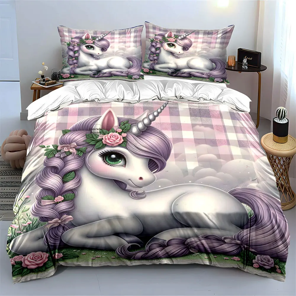 Unicorn with purple mane and flowers Print Soft Comfortable Duvet Cover Bedding Set Included 1*Duvet Cover  2*Pillowcases