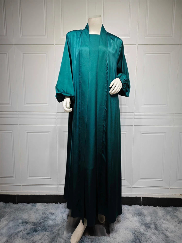 Satin Dubai Open Abaya Muslim for Women Sets Islam Kaftan Modest Dresses Kebaya Caftan Marocain Robe Femme Ensembles Musulmans