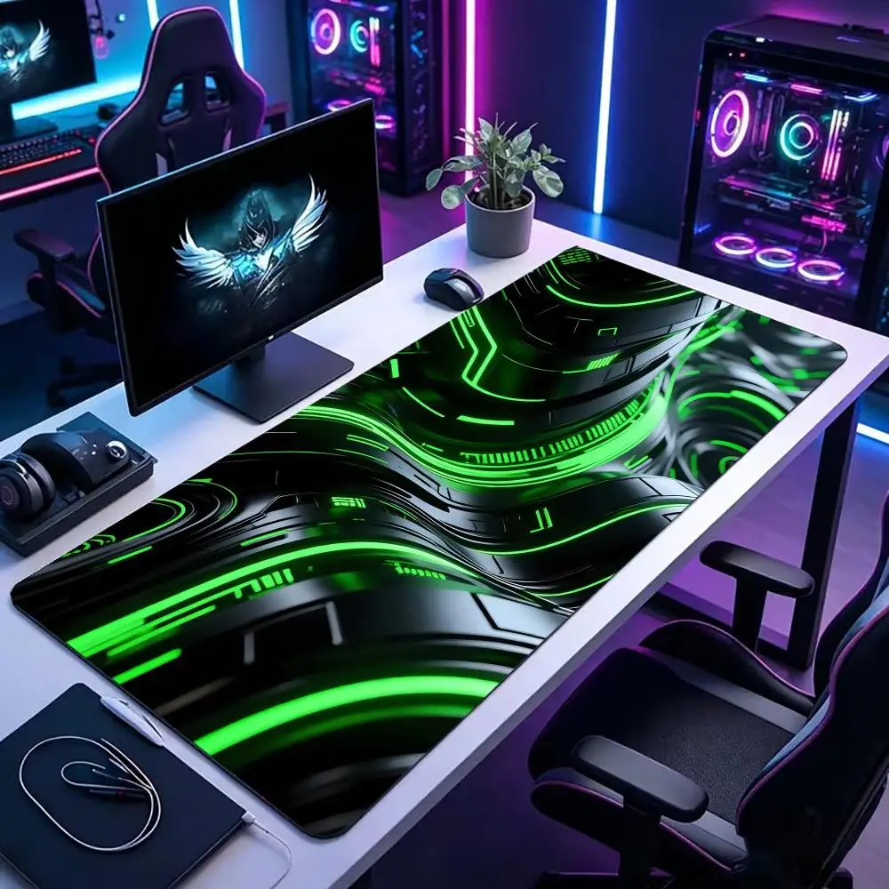Green Cyber Flow Tech Lines Large Desk Mat Mouse Pad Mouse Mat Gaming Keyboard Mat Playmat Non-Slip Rubber Base  Gaming Desk Pad