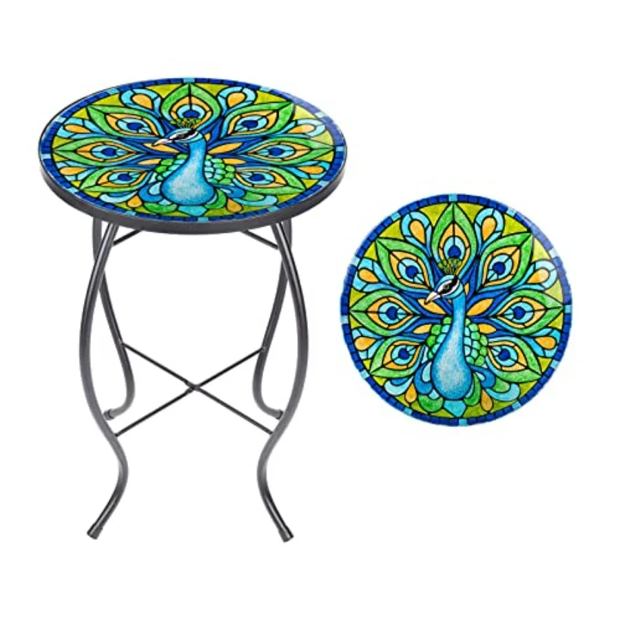 

Outdoor Side Table - Small Mosaic Patio Tables 14" Round Accent End Coffee Glass Plant Stand for Garden Living Room Peacock