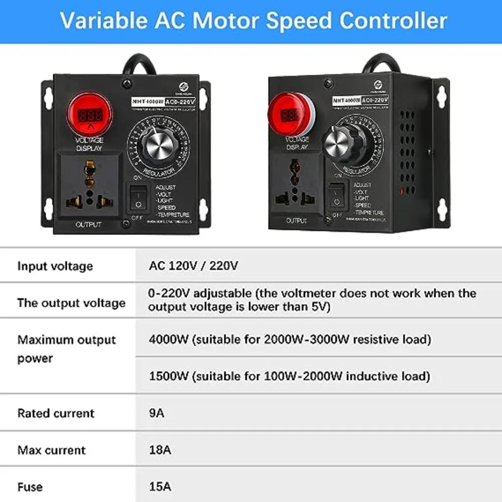 Adjustable Voltage Regulator 220V 4000W AC Motor Speed Controller Temperature Dimmer Compact Variable Voltage Controller